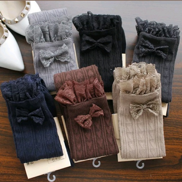 Accessories - Thigh Hi Lace Trim w/Bow Socks Coffee, Lt Gray
